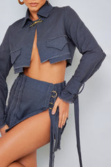 Raw Hem Buckle Trim Micro Mini Skirt