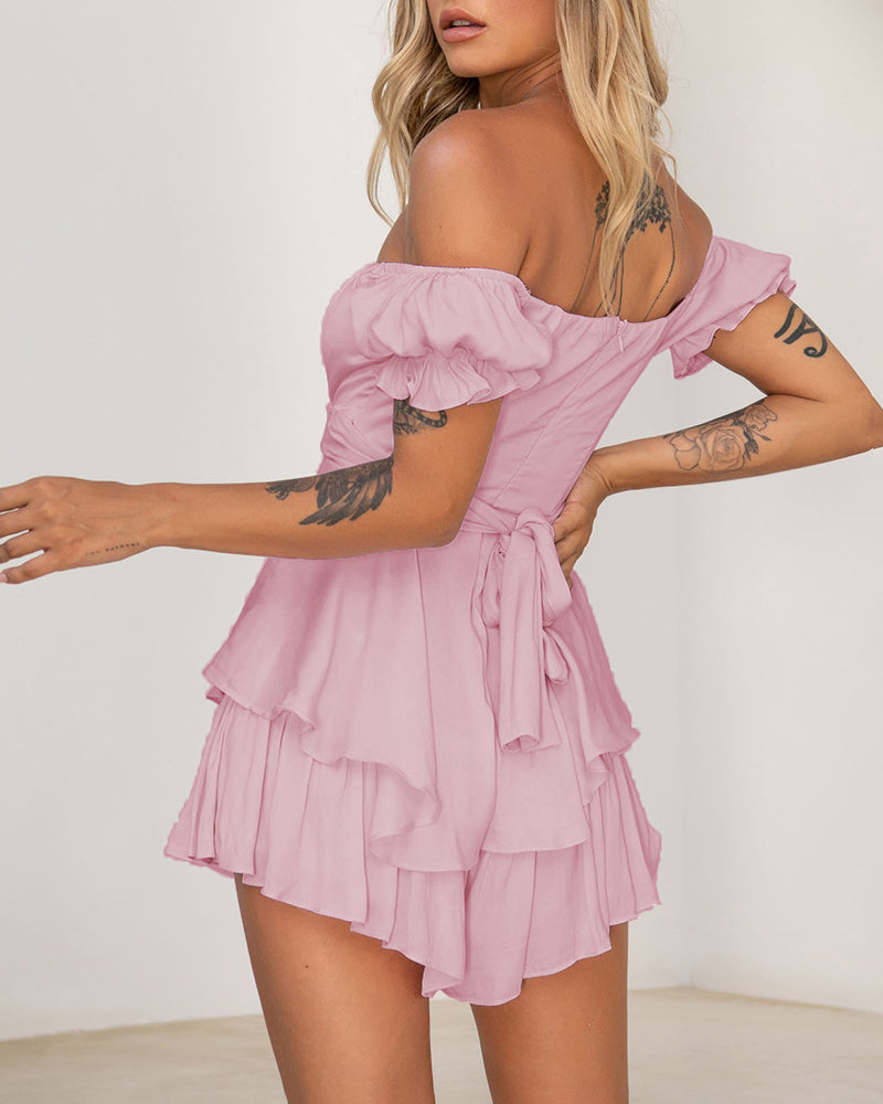 Off Shoulder Mini Rompers Solid Ruffle Hem Shorts Jumpsuit Dress