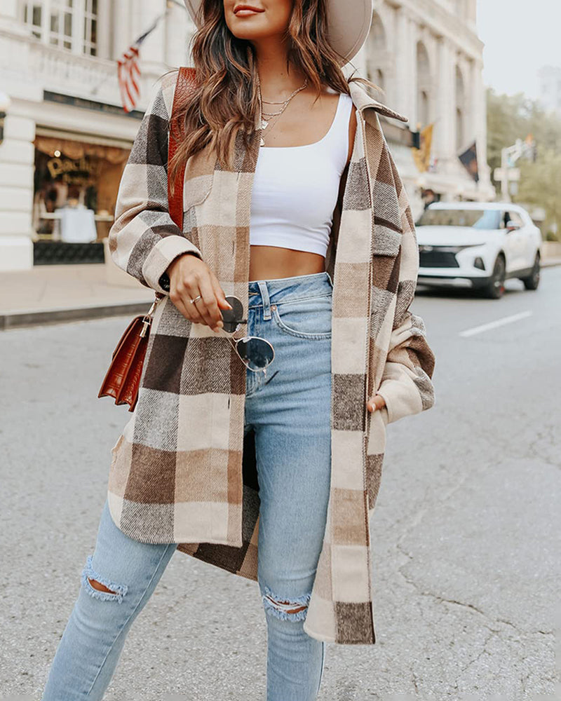 Knee Length Lapel Plaid Flannel Shirt Jacket