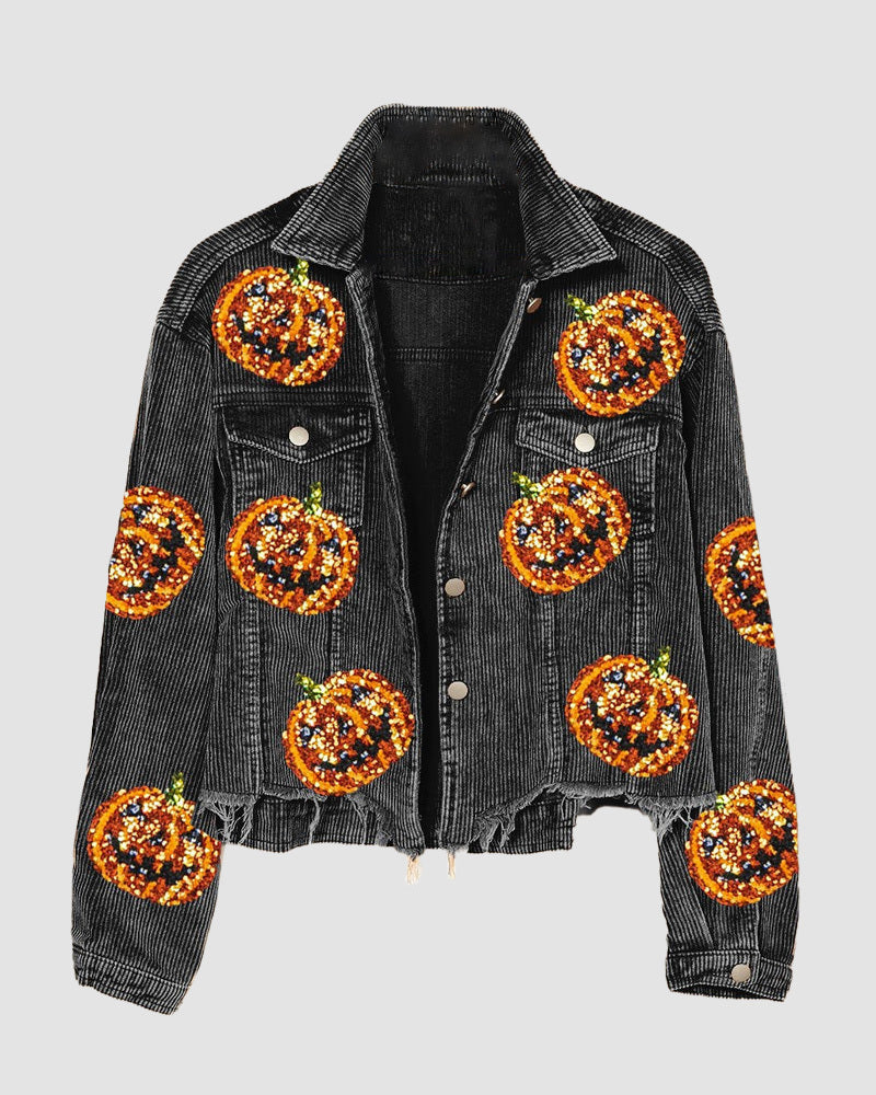 Halloween Pumpkin Sequined Distressed Corduroy Jacket