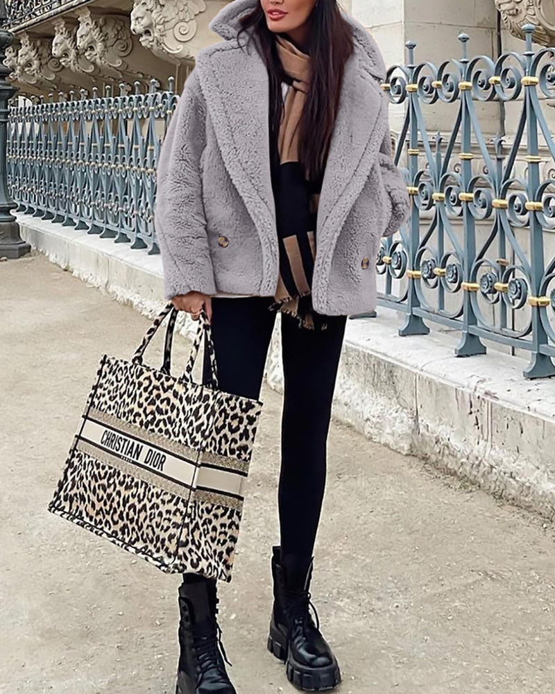 Lapel Fleece Jacket Long Sleeve Pockets Faux Fur Dressy Fall Outfits