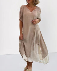 Asymmetric Summer V Neck Short Sleeve Patchwork Split Loose Casual Ankle-Length Long Dress