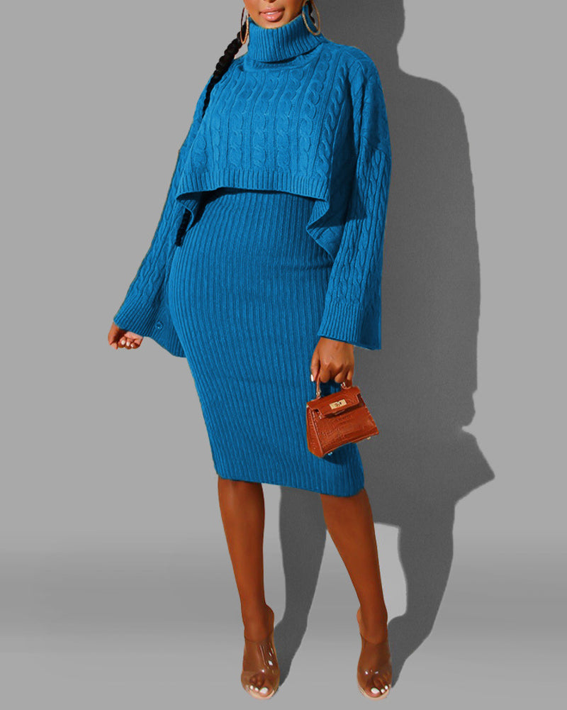 Women's Rib knit Sweater Skirt Two Piece Set Outifts Long Sleeve Turtleneck Sweaters and Tank Midi Dresses