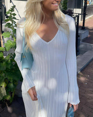 Long Sleeve Dress V-Neck Knit Maxi Dress Ribbed Elegant Long High Waist Pleated Dresses