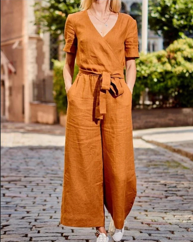 Short Sleeve Solid Color V Neck Soft Romper Jumpsuit with Belt