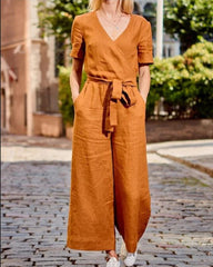 Short Sleeve Solid Color V Neck Soft Romper Jumpsuit with Belt