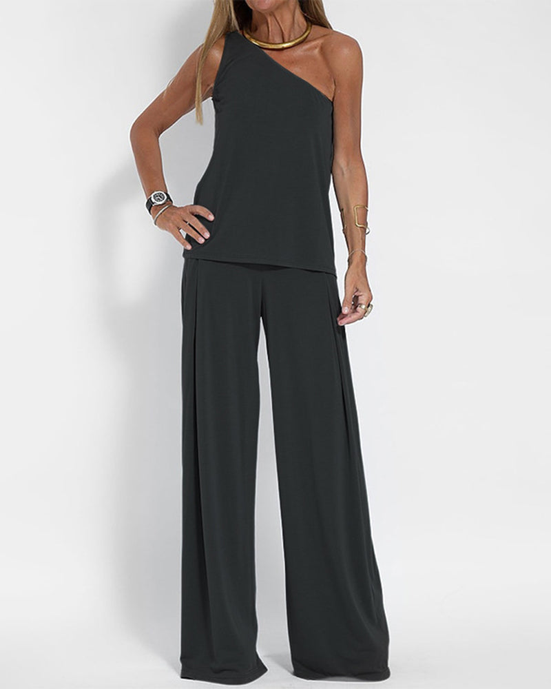 Three-Piece Set One-Shoulder Vest T-Shirt, Sleeveless Open-Front Cardigan, and Wide-Leg Pants