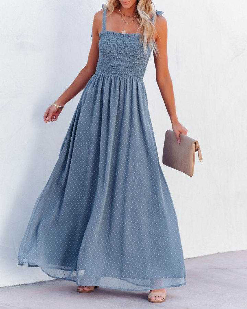 Boho Spaghetti Strap Square Neck Polka Dot Flare Beach Maxi Dress