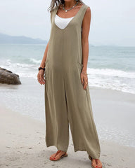 Wide Leg Jumpsuit Sleeveless V-Neck Casual Loose Jumpsuit Comfy Baggy Tank Romper with Pockets