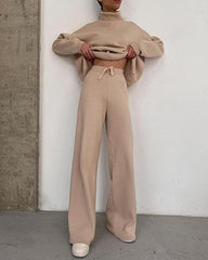 Casual Two Piece Long Sleeve Turtleneck Sweatshirt Top High Waist Wide Leg Pants Set