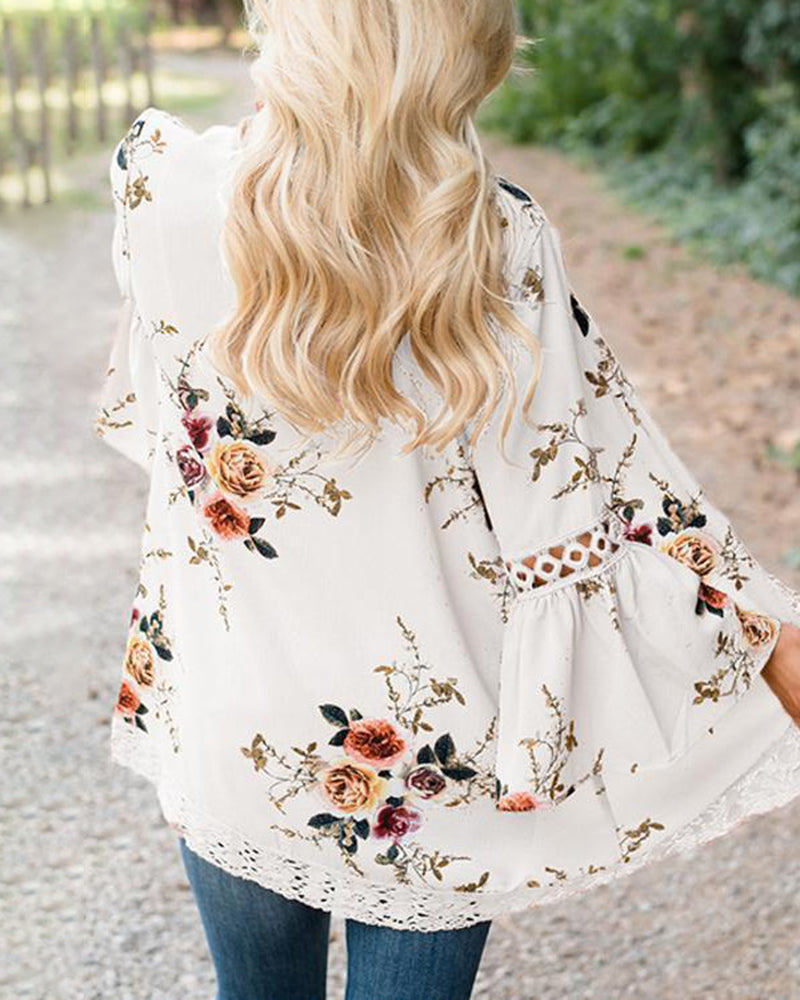 Flare Sleeve Floral Print Lace Blouse Cardigan