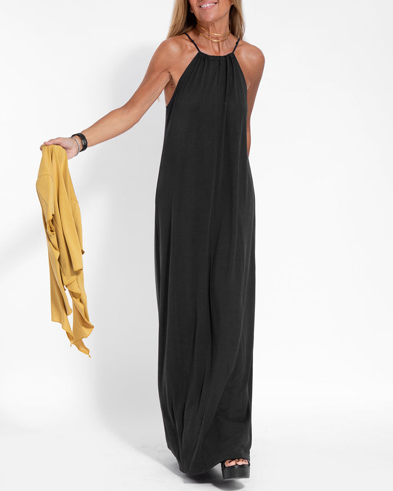 Two-piece Halterneck Tie Sleeveless Long Dress and Irregular Cardigan Set