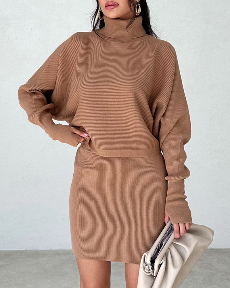 Casual Two Pieces Sets Turtleneck Sweater and Mini Skirt Suits