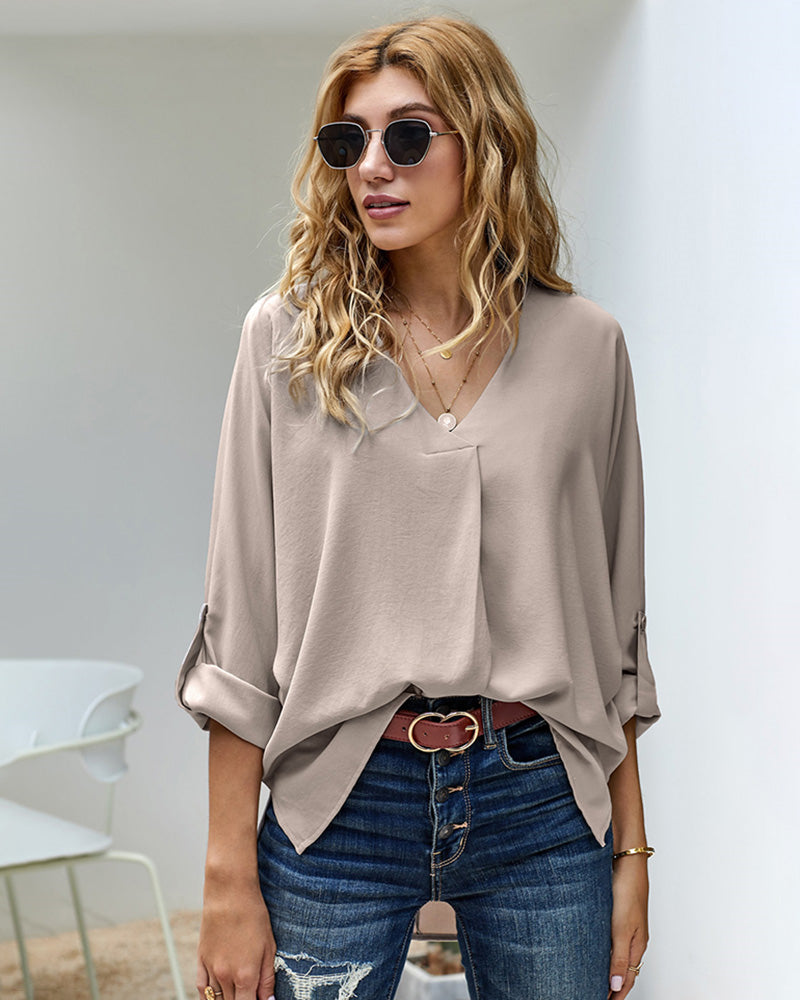 V-Neck Long Sleeve Buckle T-Shirt Plain Shirts Shirt Top Elegant Shirts Casual Slim Fit Basic