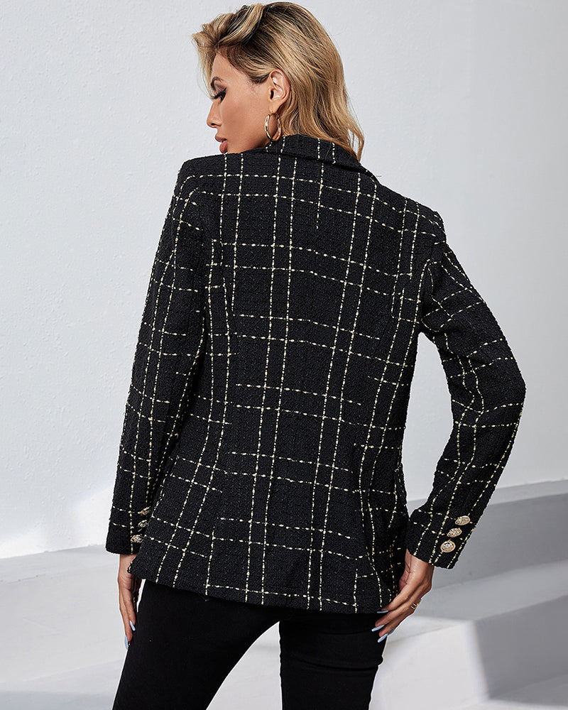 Lapel Single Button Tweed Plaid Blazer Long Sleeve Office Blazer