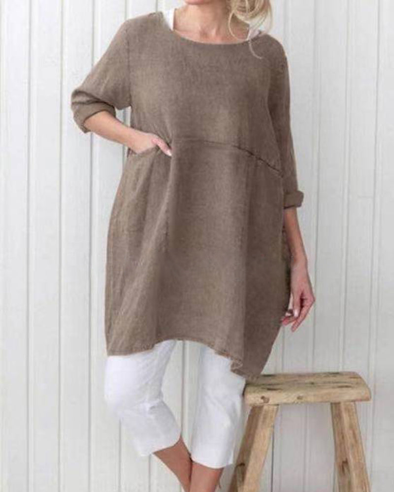 Cotton and Linen- Mid-Sleeve Plus Size Blouse Mini Dress