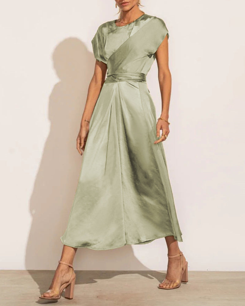 Satin Midi Dress Cap Sleeve Tie Waist Elegant A-Line Flowy Dresses