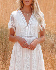 V-Neck Half Sleeves Lace Bohemian Floor Length Dress