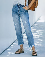 High Waisted Straight Leg Ripped Boyfriend Jeans Frayed Ankle Denim Pants