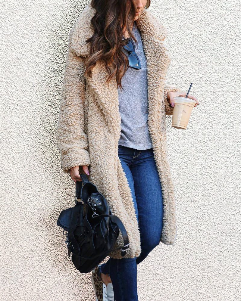 Fuzzy Fleece Lapel Open Front Long Cardigan Coat