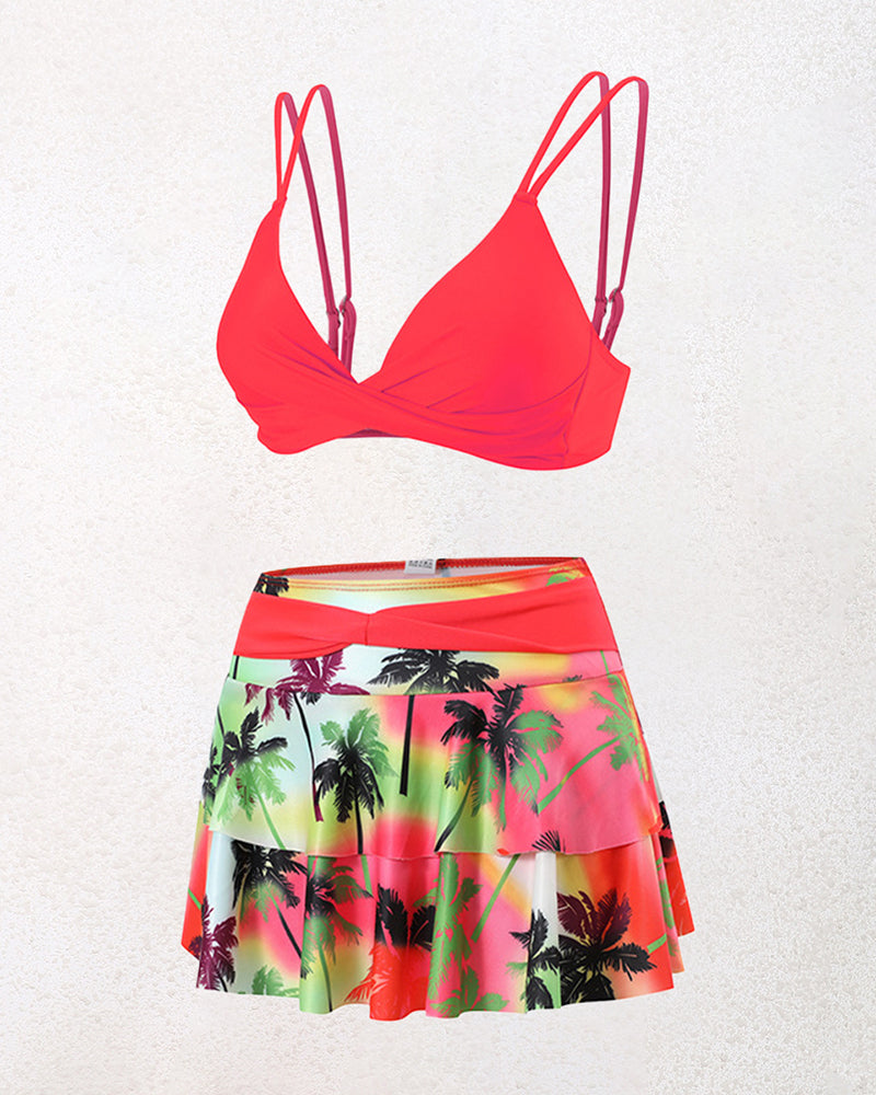 Split High-waisted Lotus Leaf Edge Printing Bikini Swimsuit