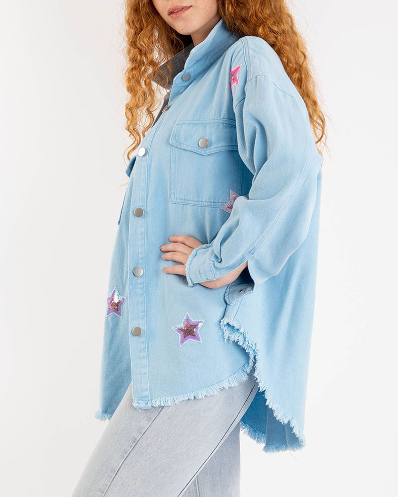 Long Sleeve star sequin shirt Button Down Basic Denim Jacket With Pockets