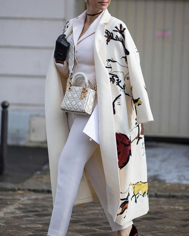 Casual Long Sleeve Lapel Printed Notched Collar Warm Midi Jacket Overcoat