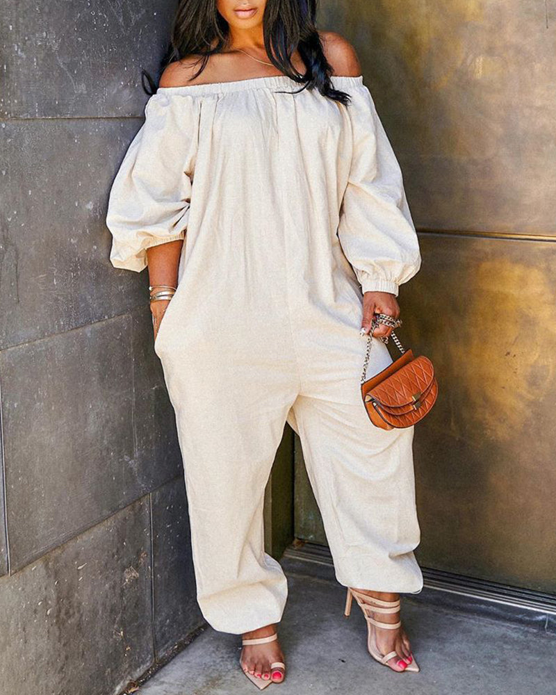Casual Solid Cold Shoulder Long Sleeve Jumpsuit Loong Plus Size Pocket Rompers Overlay Suit