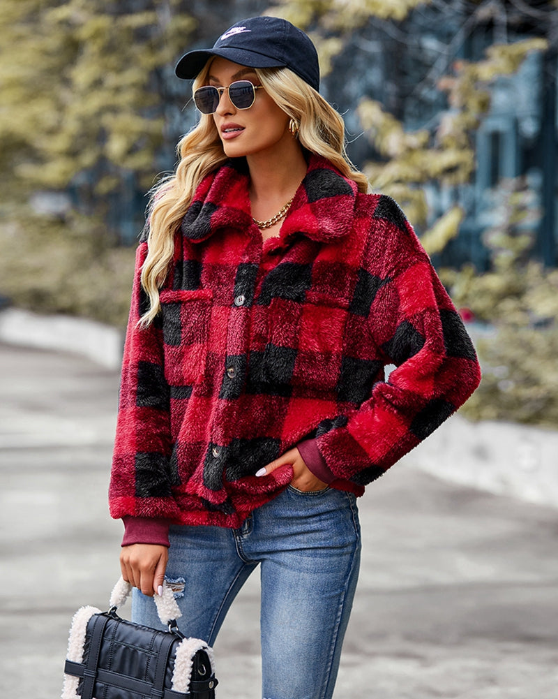 Double Sided Fleece Long Sleeve Plaid Jacket