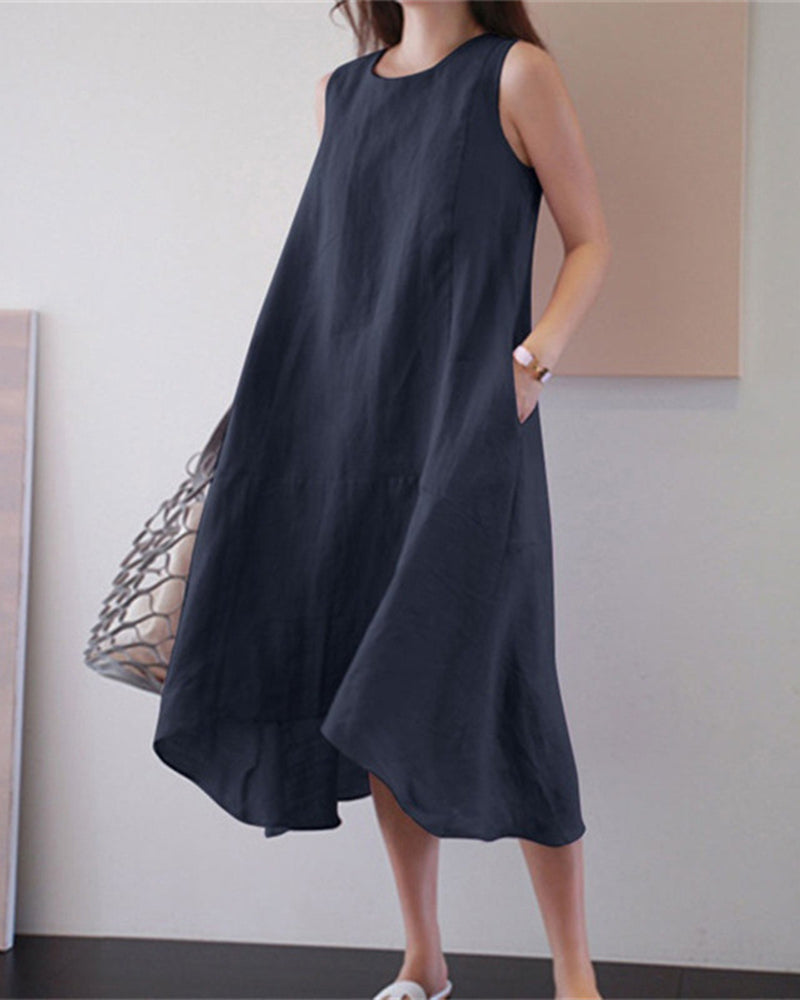 Round Neck Sleeveless Loose Solid Color Long Swing Cotton Linen Dress