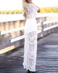 Floral Lace Maxi Dress V Neck Short Sleeve Boho Wedding Bridesmaid Evening Party Beach Slit Flowy Long Dresses