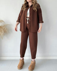 Simple Casual Two-Piece Set with Fleece Inside Lapel-Neck Shirt+Wide-leg Pants