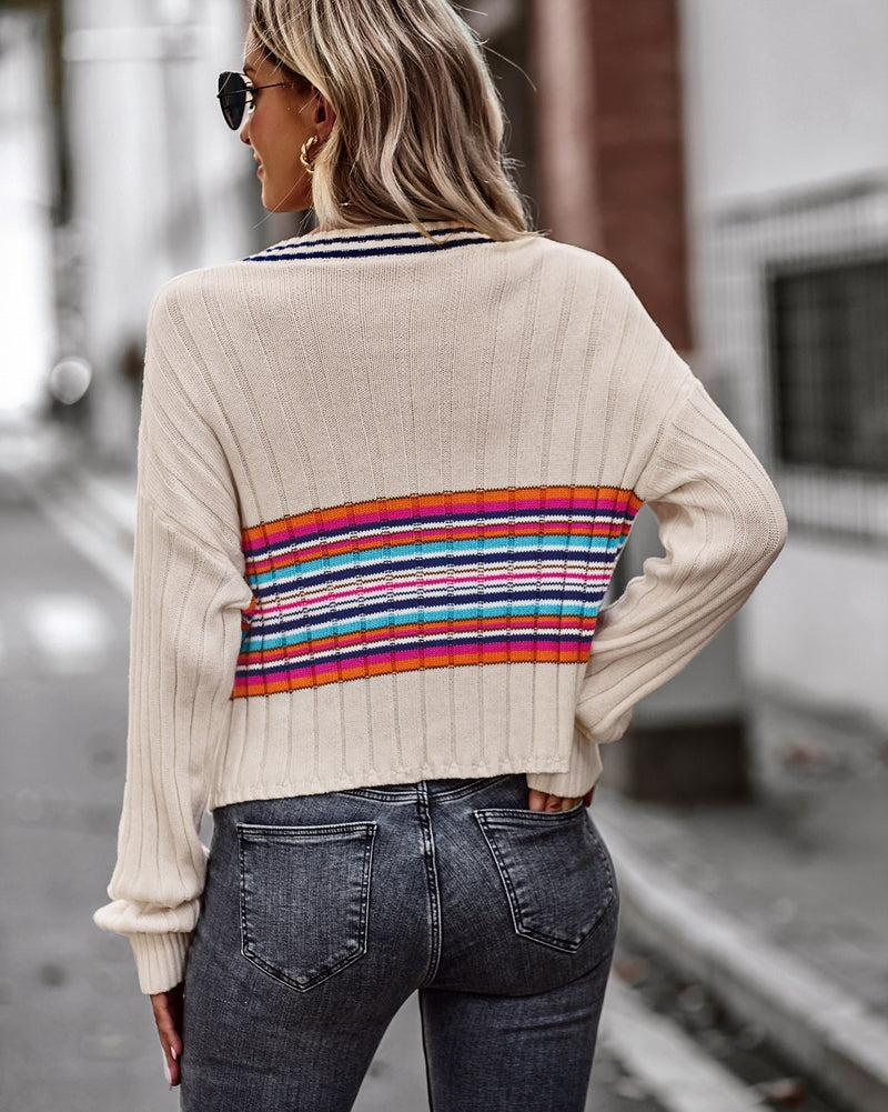 Striped Contrast V-Neck Dropped Shoulder Sweater