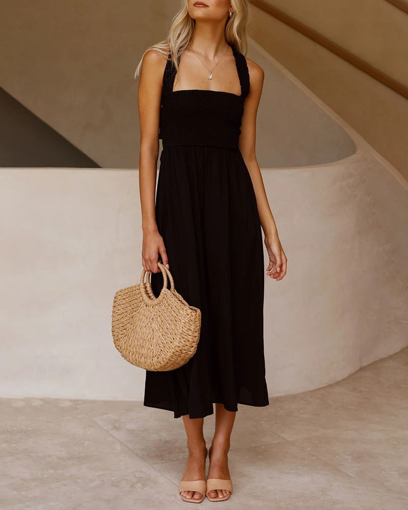 Elastic Waist Cross Straps Solid Casual Dress Sleeveless A-Line Summer Maxi Dress