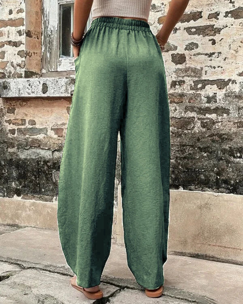 Solid Color Bottoms Elastic Waisted Pant Summer Baggy Trousers Straight Leg Pants