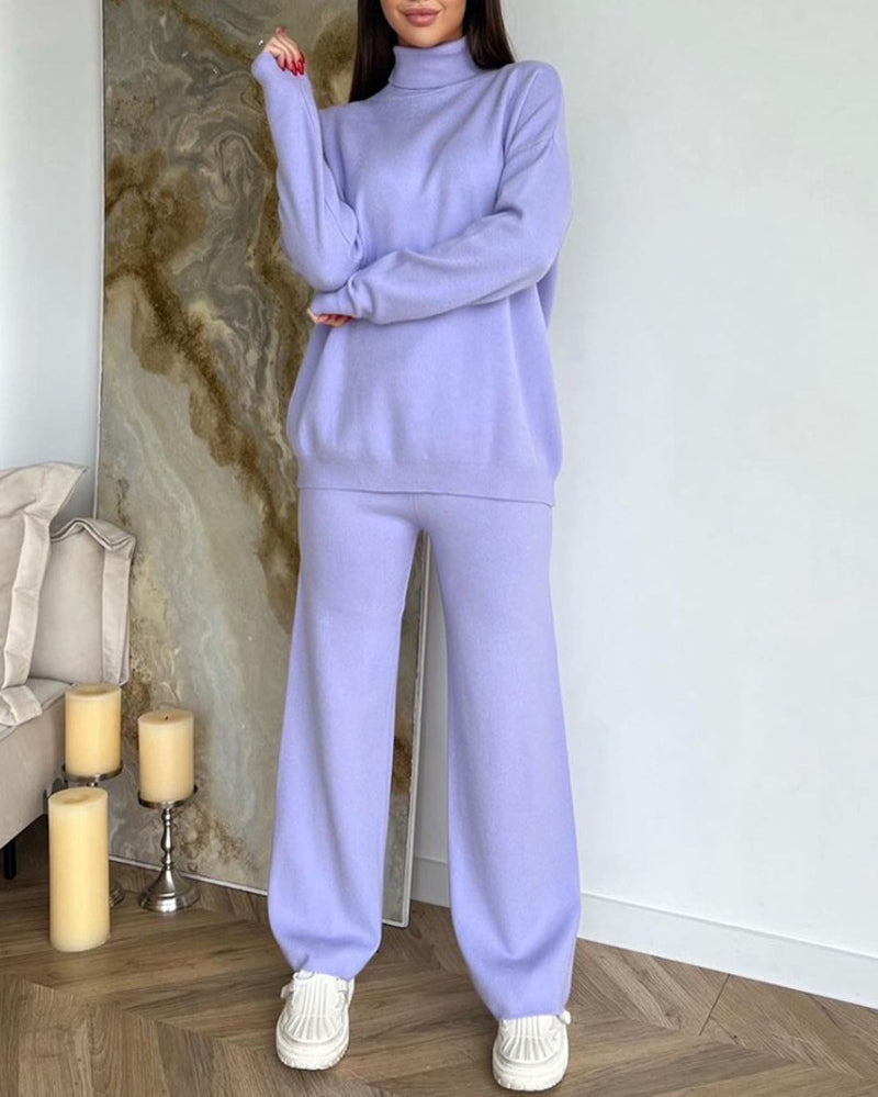 Women's Two Piece Sets Casual Loose Tracksuit Knitted Streetwear  Turtleneck Long Sleeve Top Wide Leg Pants