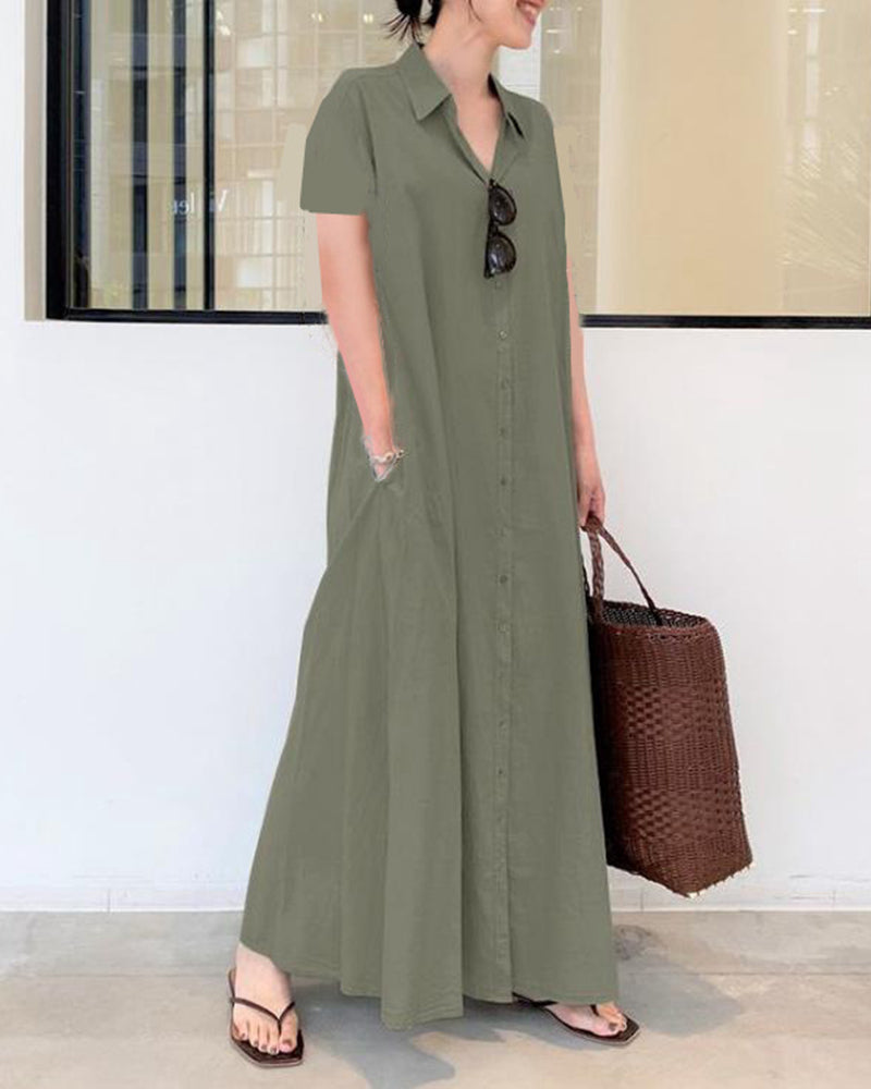 Casual Loose Short Sleeve Beach Dress Solid Color Loose Temperament Long Shirt Dress