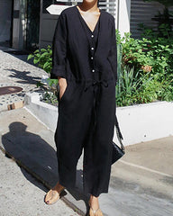 Single-breasted Casual Cropped Loose Wide-leg Jumpsuit with Drawstring