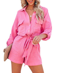 Long Sleeve Button Down Pockets Belted Elastic Waist Solid Casual Shorts jumpsuit