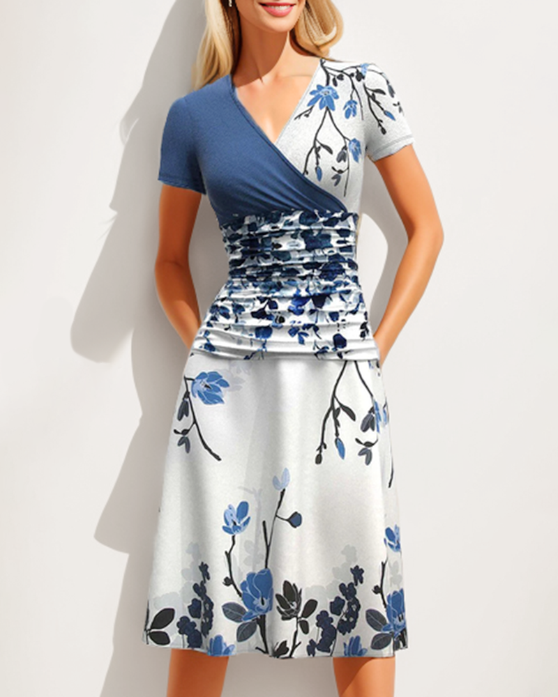 Casual V Neck Short Sleeve Sundress Loose Flowy Print Tunic Beach Dresses