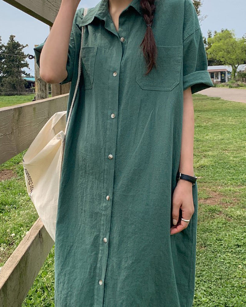 Oversized Button Down Maxi Shirt Dress Short Sleeve Side Split Casual Loose Solid Tunic Dress