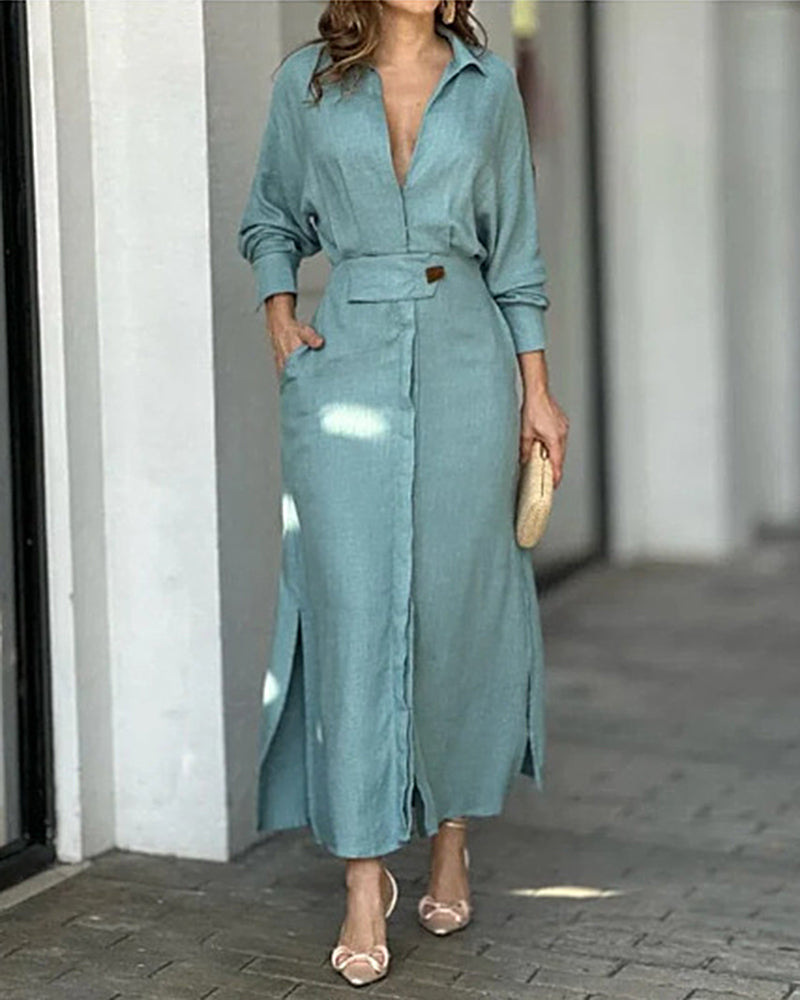 Slit Solid Women's Shirt Dress Elegant Casual Lape Long Sleeve Maxi Dresses