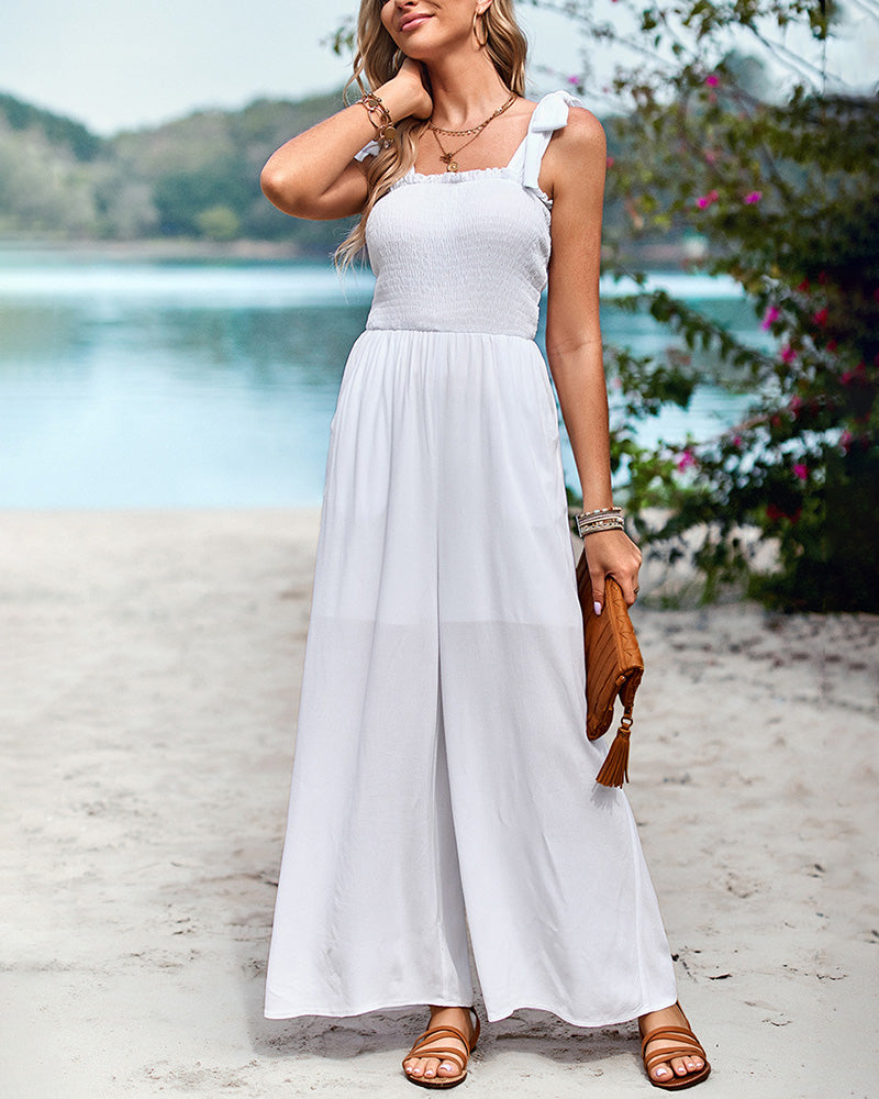Sleeveless Lace-up Smocked Jumpsuits Solid Loose fit Wide Leg High Wasit Romper