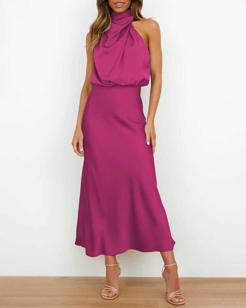 Long Formal Satin Dress Mock Neck High Neck Evening Dress