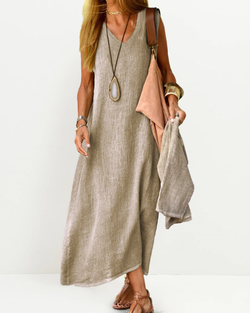 Casual Sleeveless Dress Solid V Neck Tank Long Dresses Plain Simple Beach Sundress Cover Ups