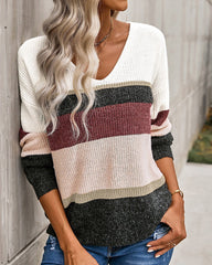 Striped Color Contrast Long Sleeve V-Neck Knit Sweater