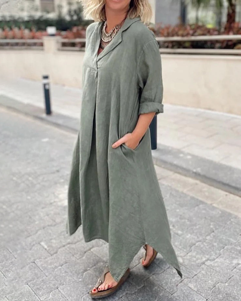 Long Sleeve Solid Color Plus Size Loose Fit Maxi Cotton Linen Dress Round Neck Button Up Dresses with Pocket