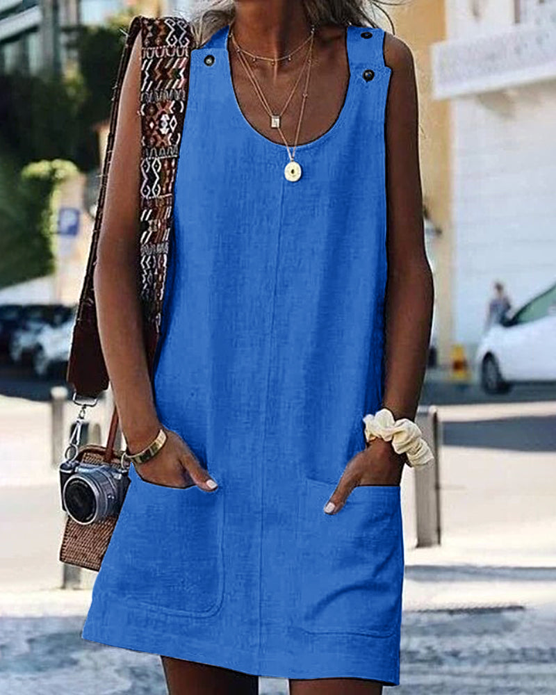 Solid Color Cotton Linen Sleeveless Loose Knee Beach Dresses