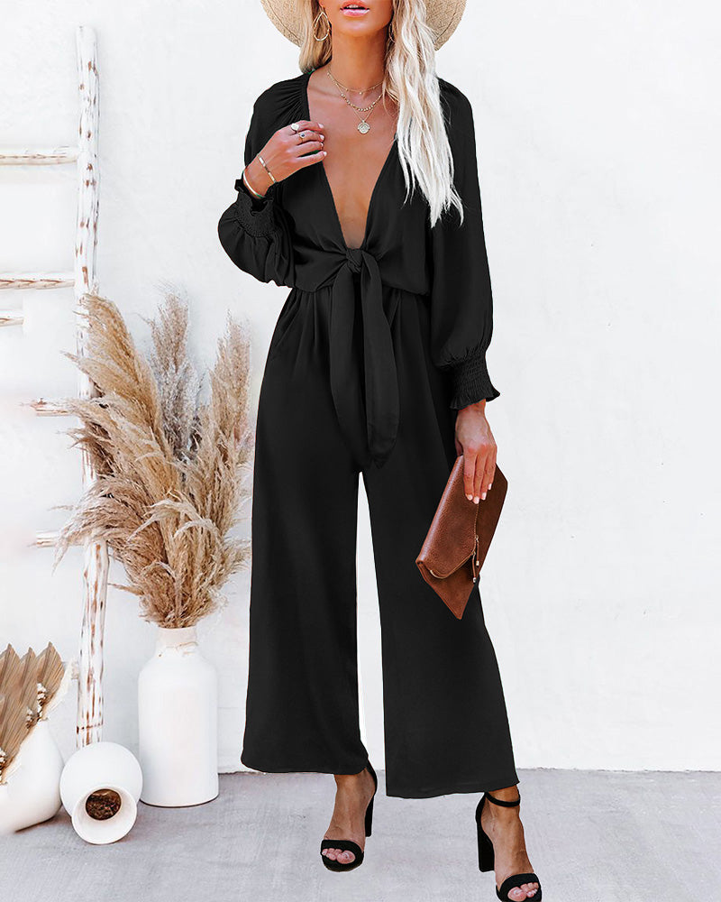 Wide Leg Casual Long Sleeve Solid Color Bowknot V Neck Jumpsuit