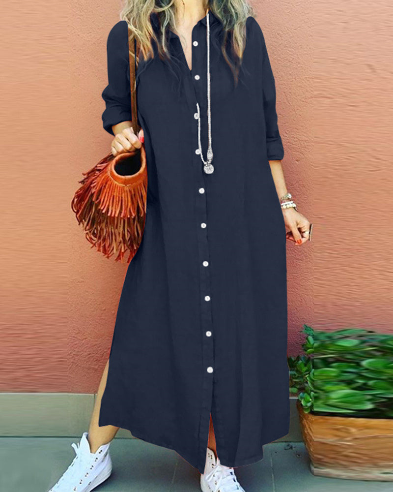 Long Sleeve V Neck Slim Fit Fashion Button Up Dress Sexy Linen Blend Long Dress Shirt Dress